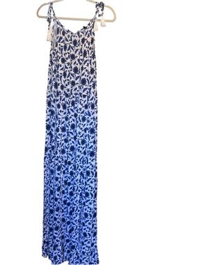 Loft Beach Rayon Blue and White Floral Maxi Dress with Tassel Straps vacation m